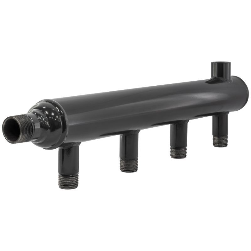 Коллектор распределительный стальной DN50 PN16 вход 20-20 3 выходов НР 3/4'' выход под кран Маевского и импульсную трубку, правосторонний PLP-1