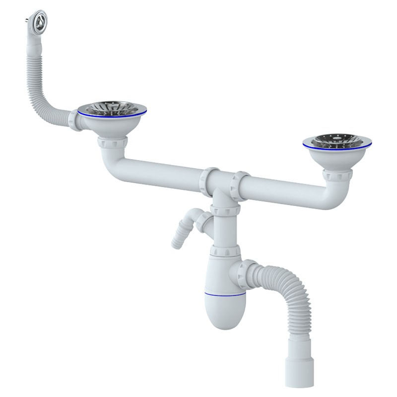 сифон для двойной мойки Unicorn В731VР, 40х50 гибкий отвод, 3 1/2'' х40 с отводом для стиральной машины, круглый перелив-1