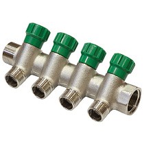 Коллектор латунный никелированныйDN 20 4 выхода G 1/2'' с запорными клапанами плоское присоединение отвода,SGL купить в Самаре | "Проконсим"